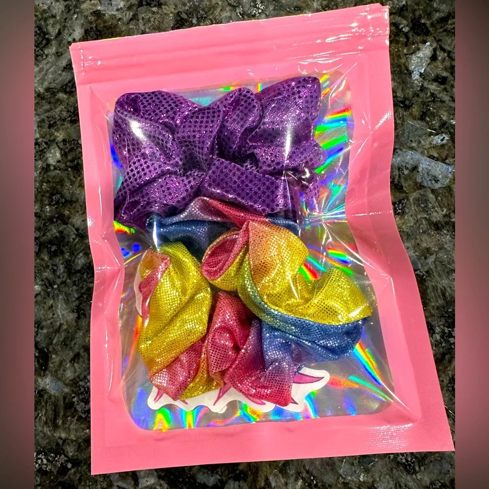 NWOT Metallic scrunchies bundle rainbow and purple